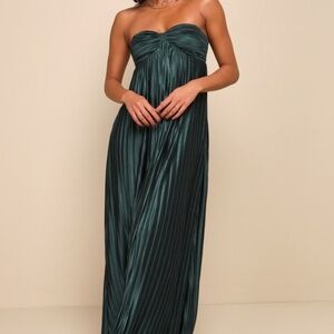 Lulus Whimsical Beauty Emerald Green Satin Plisse Strapless Maxi Dress - Size L
